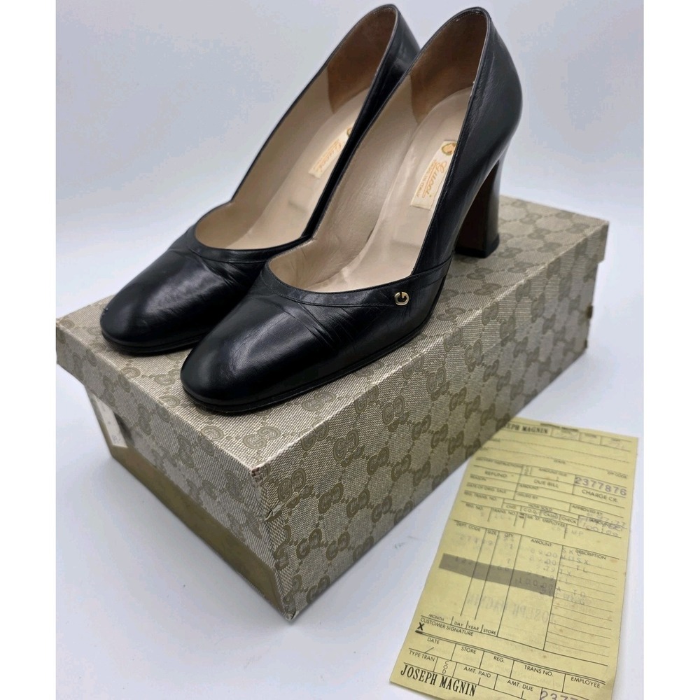 Vintage Gucci Pumps Heels 5.5 Orig. BOX & RECEIPT 35.5 Black Leather Gold G Logo